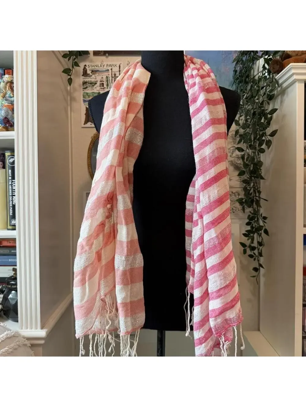 Society for Scarves Pink White Silver Striped Fringe Scarf